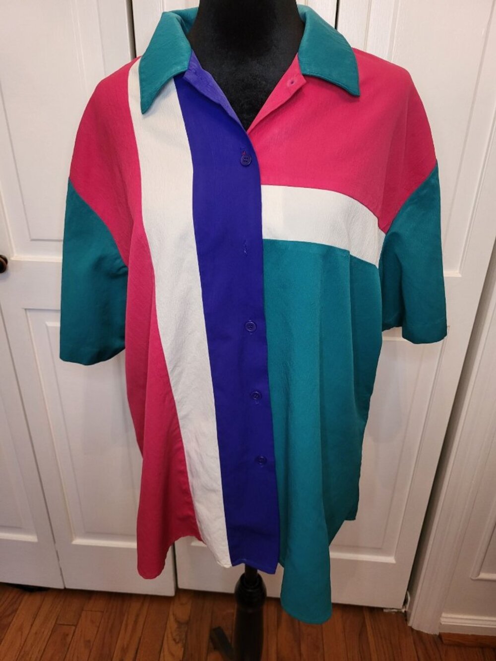 Nikki Vintage 90s Teal Pink Color Block Silky Button Up XXL Retro Preppy